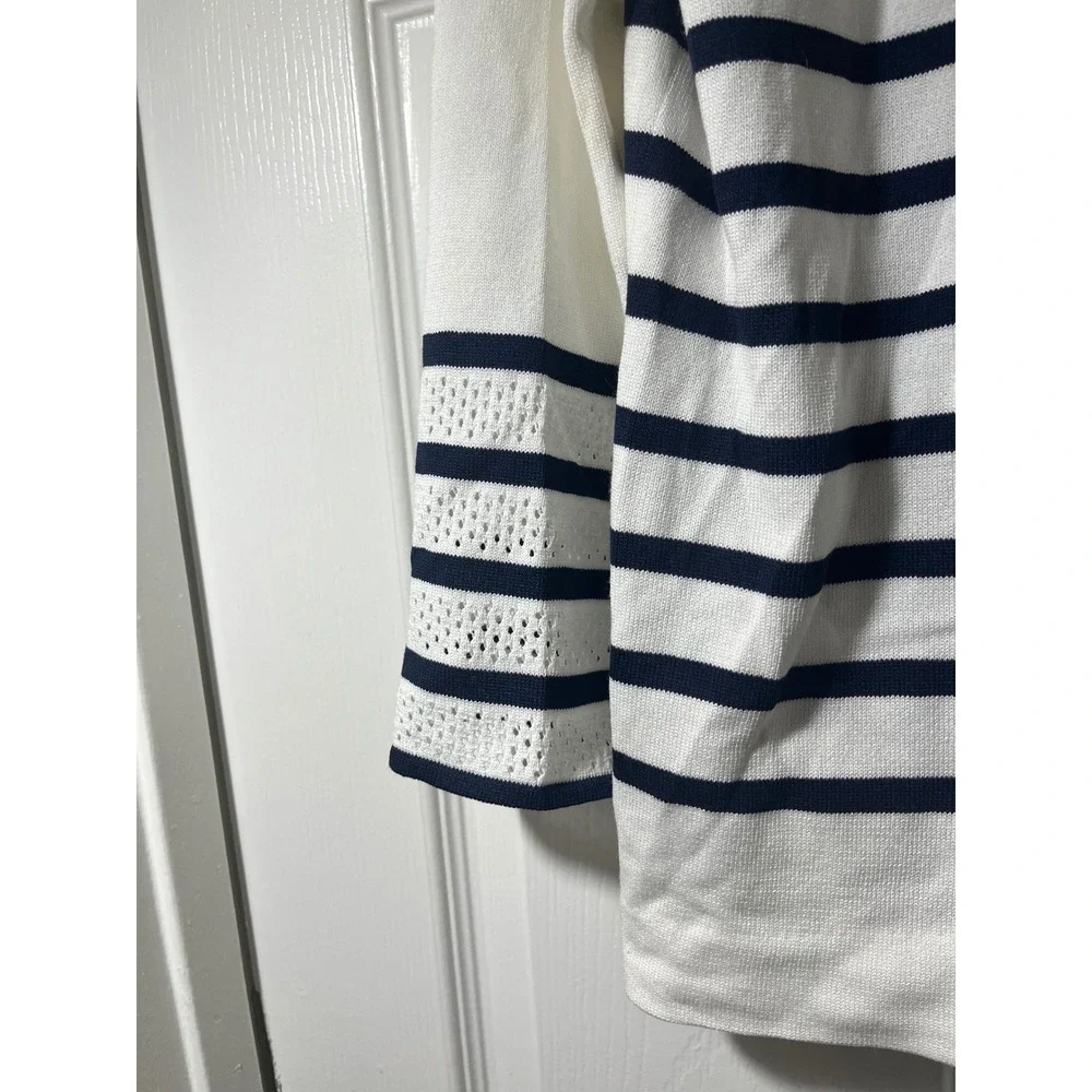 MING WANG Women's White Navy Stripe Square Neck Button Detail Sweater Top Size S